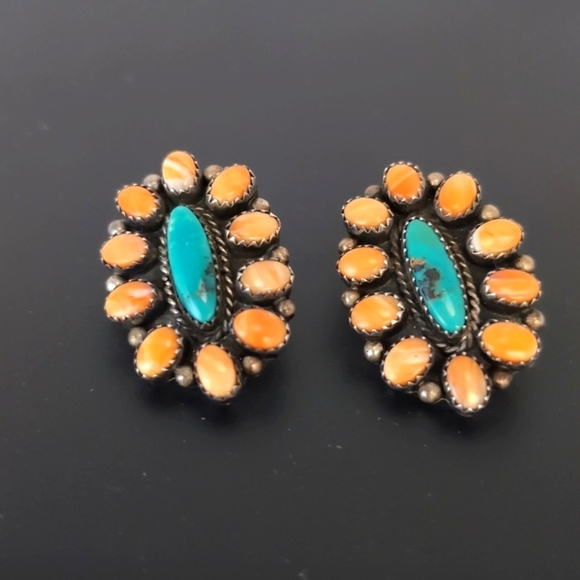 L. Bahe Native American Sterling Silver Turquoise & Spiny Oyster Signed Earrings - Picture 14 of 16